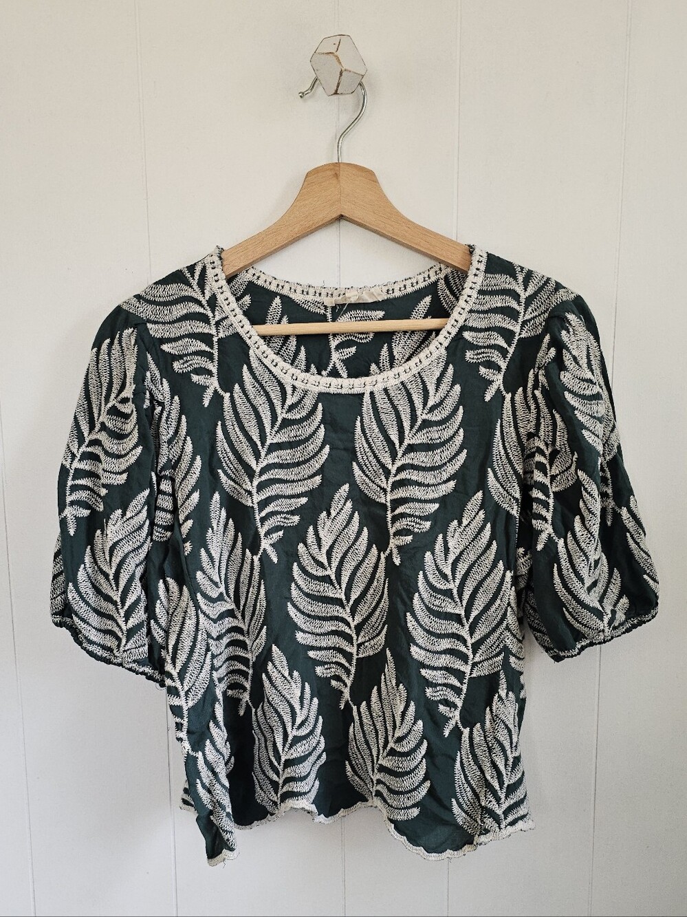 Dark Green Embroided Leaf Blouse